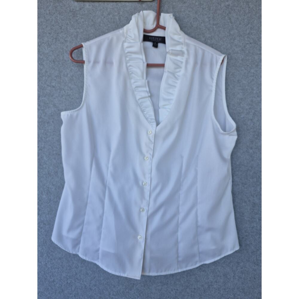 NWT Kasper White Sleeveless Blouse Womens 14 Ruffle Collar Career Office Top